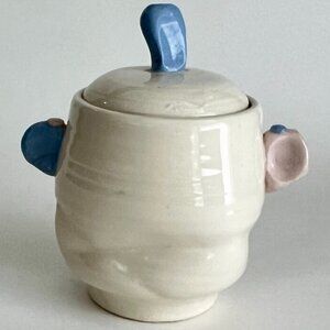 Vintage 1987 Voorhees Pottery Sugar Bowl Jar w/Lid White Blue Pink